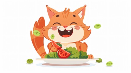 Cheerful Cartoon Cat Enjoying a Meal with a Full Plate of Food