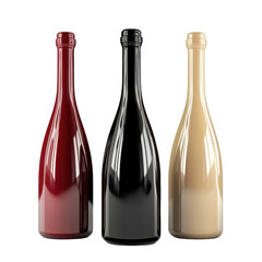 Three Wine Bottles: Three elegant glass wine bottles, each in a different color, stand side by side, creating a minimalist and visually appealing composition.