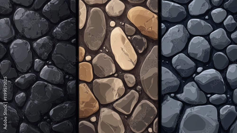 Fototapete three variations of seamless cobblestone textures. ideal for game development, web design, and more.