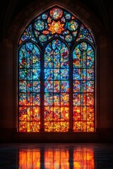 Obraz premium Stunning stained-glass window, vibrant colors, reflects on floor.