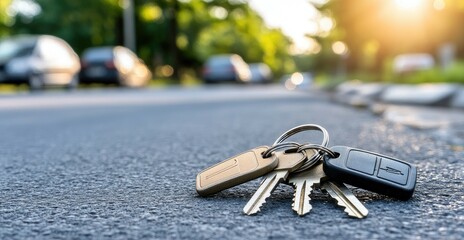 Close view of car keys resting on the edge of an asphalt road with cars in motion and bright sunlight, symbolizing a lost key situation.