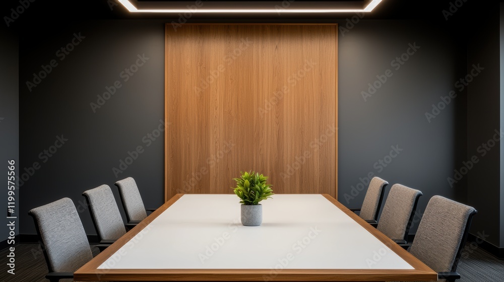 Poster modern meeting room with rectangular white table and gray chairs