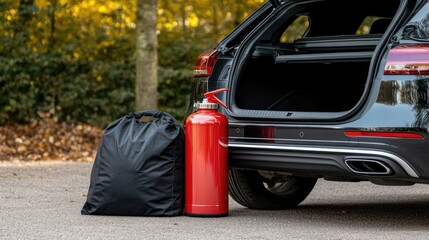 Fire extinguishers placed in the trunk of an SUV to ensure safety in emergency situations while parked in an urban environment
