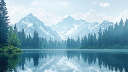 Fototapeta premium Mountain lake reflection with trees and sky view, cold tones, Generated AI