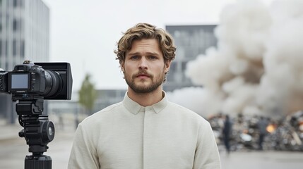 Elegant A reporter standing in front of a camera delivering breaking news with a chaotic urban street scene in the background 