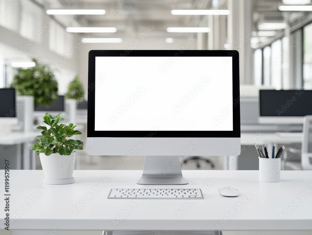Aufkleber Modern workspace featuring desktop computer with blank screen in bright open office