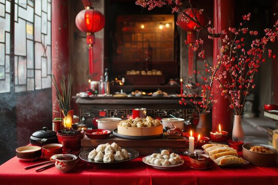 Chinese new year celebration feast traditional home food setup festive atmosphere close-up view culinary delight