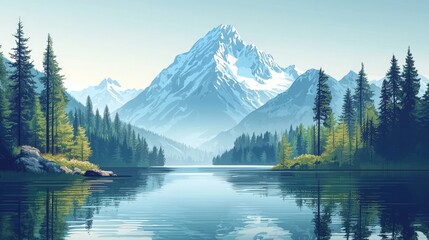 Serene mountain and forest landscape with lake reflection, Generated AI