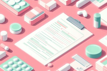 Abstract Vector Design of Medical Clipboard Surrounded by Pharmaceutical Items on a Pink Background, Suitable for Healthcare and Medical Themes in Digital Art
