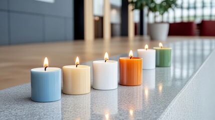 Elegant A small group of candles burning beside a stained glass window colorful light reflecting on the polished stone surface beneath them 