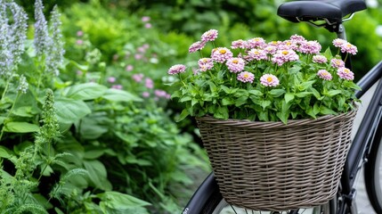 A bicycle stands in a serene garden, showcasing a basket full of pink zinnias amidst green foliage and a wooden walkway