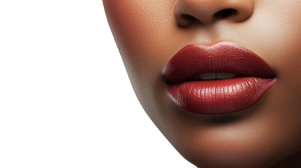 Close-up of beautiful lips with rich, glossy lipstick on a black background, showcasing vibrant color and smooth texture.