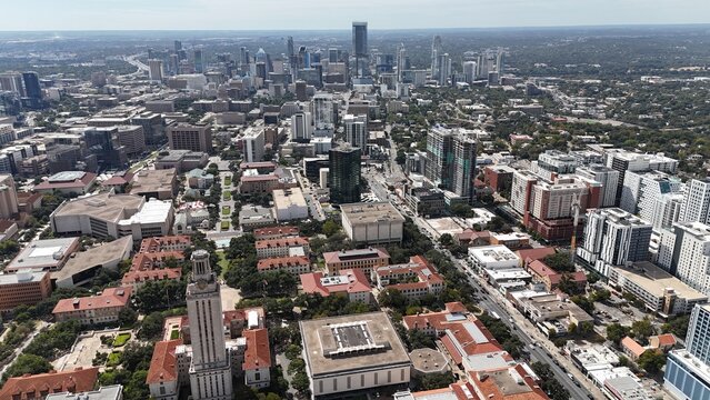 West campus views of UT Austin with downtown Austin in the background.