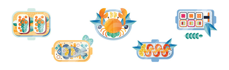 Seafood Dish and Food Cooked and Served on Plate Vector Set