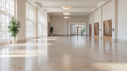Fototapeta premium Luxury hotel interior showcasing exclusive architecture Spacious, bright hall with large windows and minimal decor.