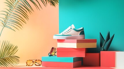 A pair of white and green shoes are displayed on top of a stack of red boxes