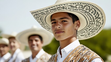 Elegant A young mariachi band performing in a school event dressed in colorful charro suits while parents cheer and wave flags in the audience 