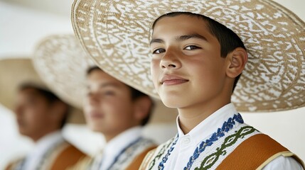 Elegant A young mariachi band performing in a school event dressed in colorful charro suits while parents cheer and wave flags in the audience 