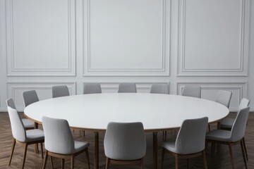 Large oval white table with gray chairs in elegant meeting room