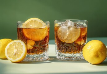 Refreshing Lemonade in Glasses with Ice and Fresh Slices on a Green Background Perfect for Summer Vibes and Citrus Beverage Promotion