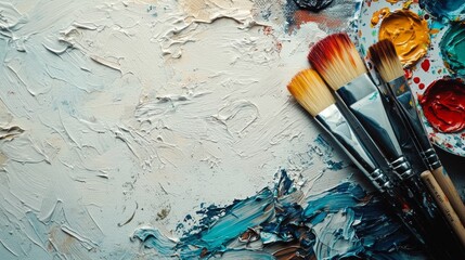 Fototapeta premium A vibrant composition displays meticulously arranged paintbrushes lying on a textured surface