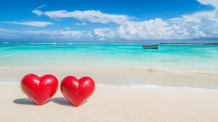 Fototapeta premium Two hearts are on the beach, one on the left and one on the right