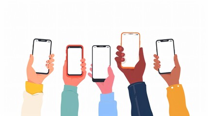 Professional image of four hands holding smartphone with blank screen