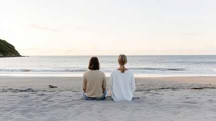 Elegant Two friends praying together on a beach at sunset kneeling on the sand with waves gently crashing in the background 