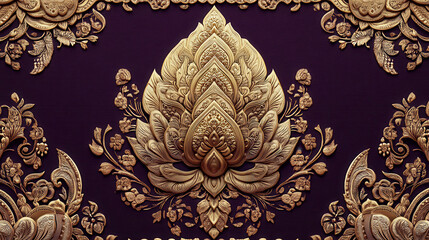 Elegant golden Thai textile inspired design on rich purple background, showcasing intricate floral patterns and textures