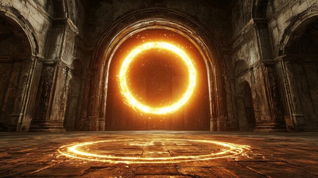 Mystical Ring of Fire in Ancient Stone Hallway Fantasy Portal Magical Energy