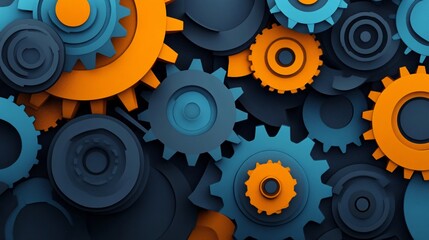 Interlocking Gears: Abstract concept of  interconnectedness and industrial design with a complex pattern of interlocking gears.  The gears are rendered in a cool blue and warm orange color scheme.
