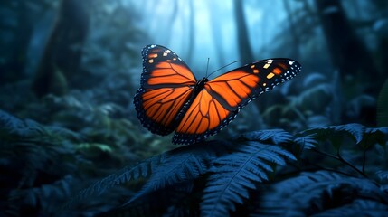 Obraz premium Glowing Butterfly Perched on Sword in Mysterious Forest Landscape