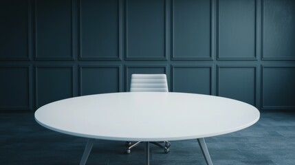 Large white round table with a modern white chair in front of a dark blue paneled wall. Minimalist meeting room design concept