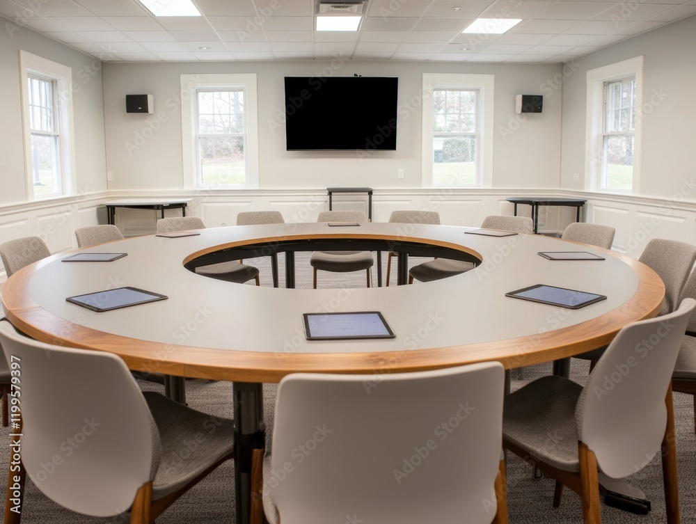 Poster Large round table with tablets in a tech-enabled conference room