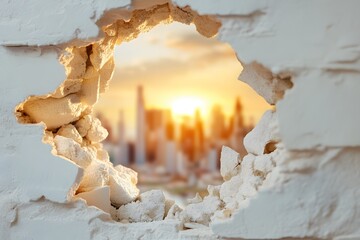 A cityscape made of glowing white and orange light, a hole in the wall through which you can see it all