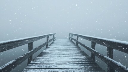 Obraz premium Winter background with heavy snowfall covering a wooden bridge under a cold gray sky