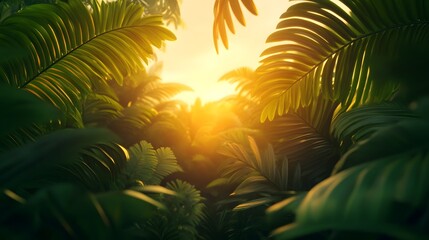 Naklejka premium A Lush Tropical Jungle with a Hidden Temple Glowing in Golden Light