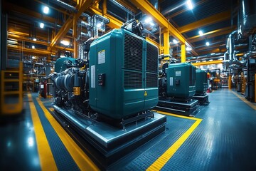 industrial generator room featuring two powerful diesel generators on standby, showcasing robust machinery and efficient design, ready to provide essential power backup in an industrial setting