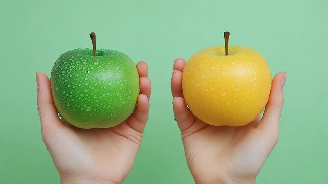 Close-up of hands holding a green apple and a yellow apple against a green background, symbolizing choice and healthy options.