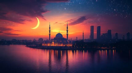 Naklejka premium Mosque silhouette with blue, pink and orange sky sunset in evening, mosque at night with crescent moon and star shining, Background for Ramadan Kareem,Islamic New year. happy Muharram