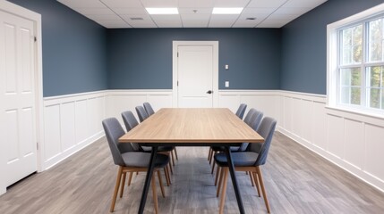 Modern conference room featuring a large wooden table and comfortable chairs, ideal for productive meetings