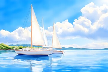 Fototapeta premium A watercolor painting of sailboats on the lake