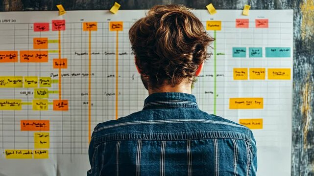 Man Reviewing Project Timeline on Kanban Board, person, back, rear view, planning, schedule