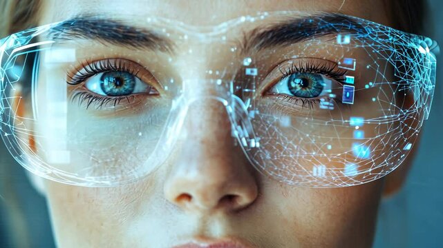 Woman Wearing Futuristic Smart Glasses with Holographic Interface, female, eyes, close-up, portrait, technology
