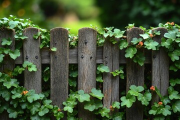 Ivy-covered weathered wooden fence, green leaves.
