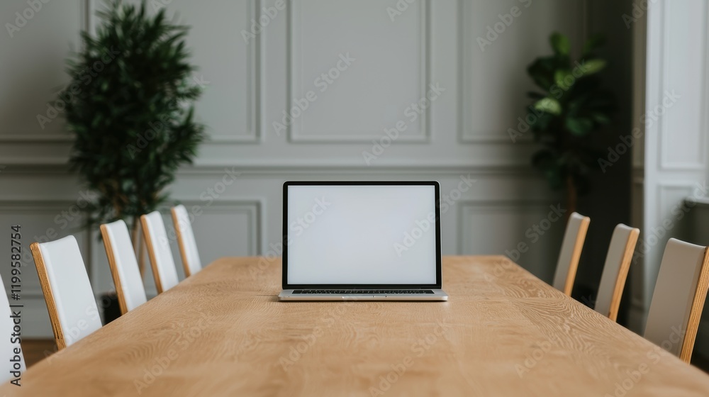 Poster laptop showing blank screen in meeting room promoting uninterrupted workflow