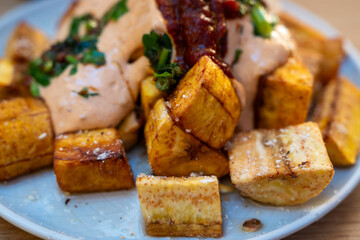 fried bananas or plantains with savory hot sauces served as tapas in a cafe in Malaga, Spain