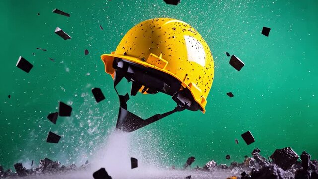 Nails are falling onto a yellow hard hat on a green screen