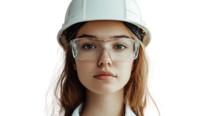 A young woman in a white hard hat and safety glasses, portraying confidence and professionalism in a work environment.