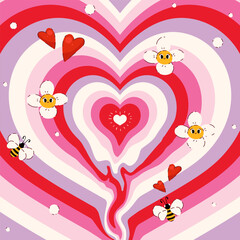 Melted Concentric Heart Tunnel for Valentine's day with Flowers and Bees. Love retro heart tunnel in groovy style. Trendy girly abstract love design. Colorful romantic background